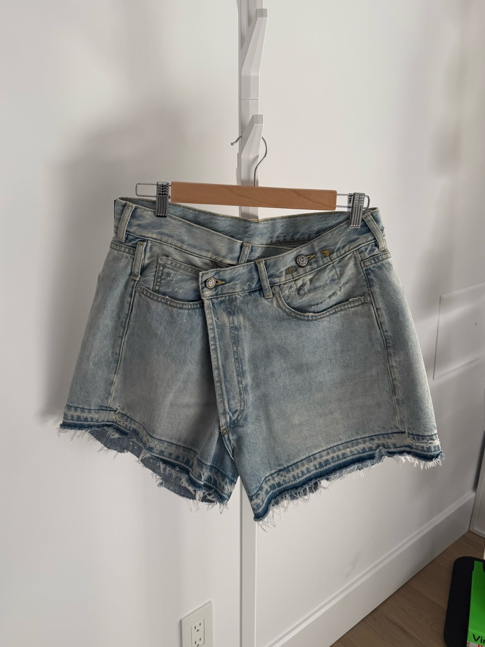 R13 Light Blue Distressed Denim Shorts